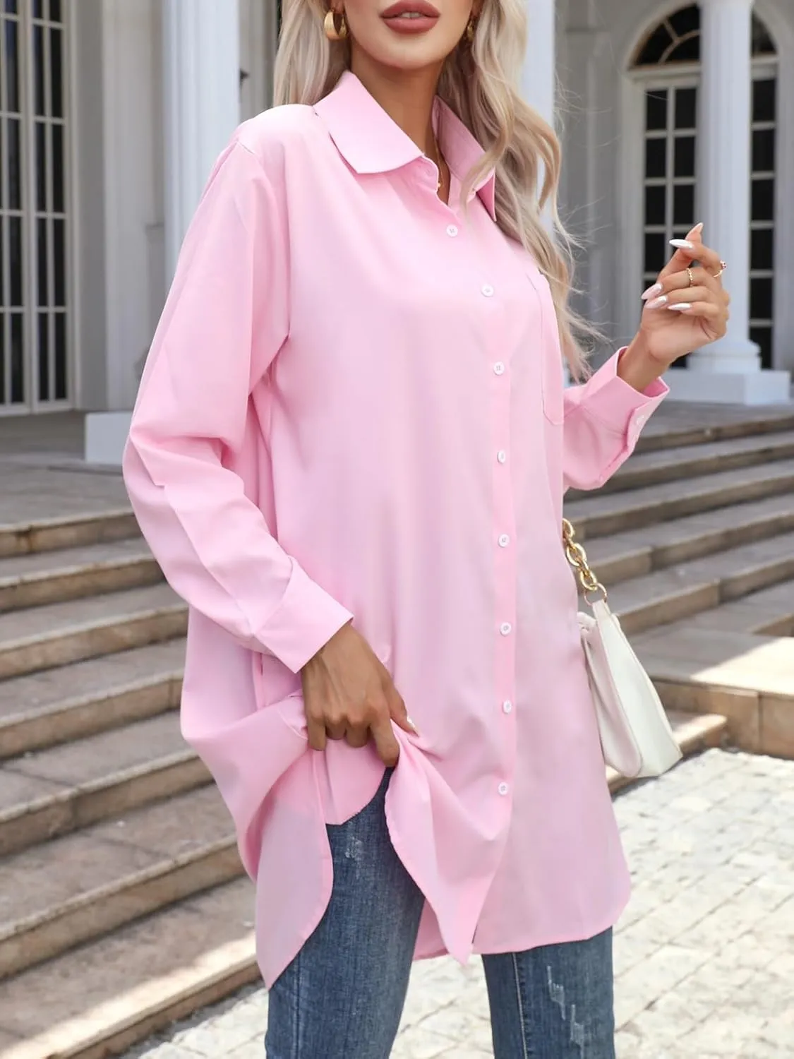 Wowcarbazole Womens Button Down Shirt Dresses Casual Long Sleeve Collared Shirts Oversized Blouse Tops with Pocket