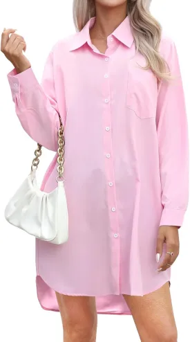 Wowcarbazole Womens Button Down Shirt Dresses Casual Long Sleeve Collared Shirts Oversized Blouse Tops with Pocket