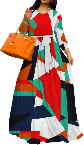 Yajedo Women's Maxi Dress Casual 2024 3/4 Sleeve Crewneck Wrap Floor Length Sundress Plus Size Maxi Dresses with Belt