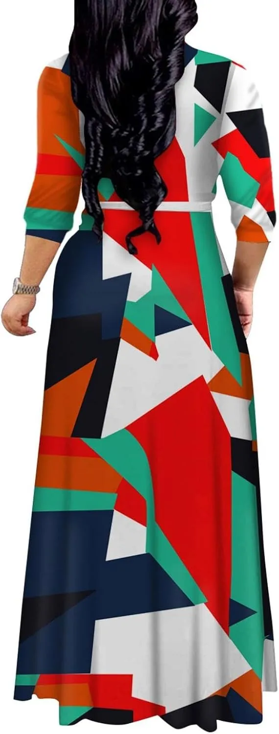 Yajedo Women's Maxi Dress Casual 2024 3/4 Sleeve Crewneck Wrap Floor Length Sundress Plus Size Maxi Dresses with Belt