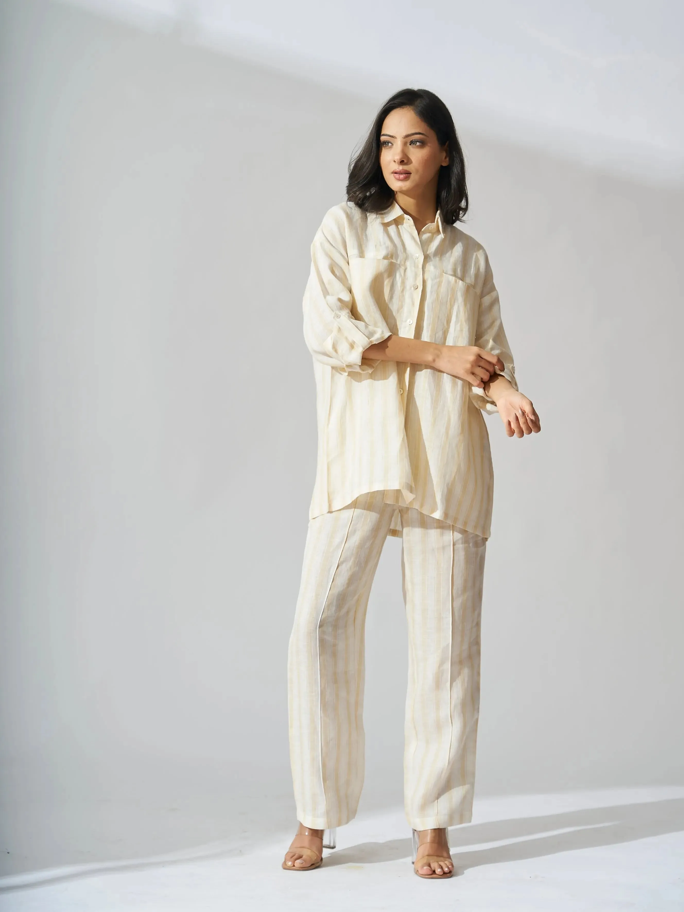 Yellow Striped Drop Shoulder Linen Women Shirt