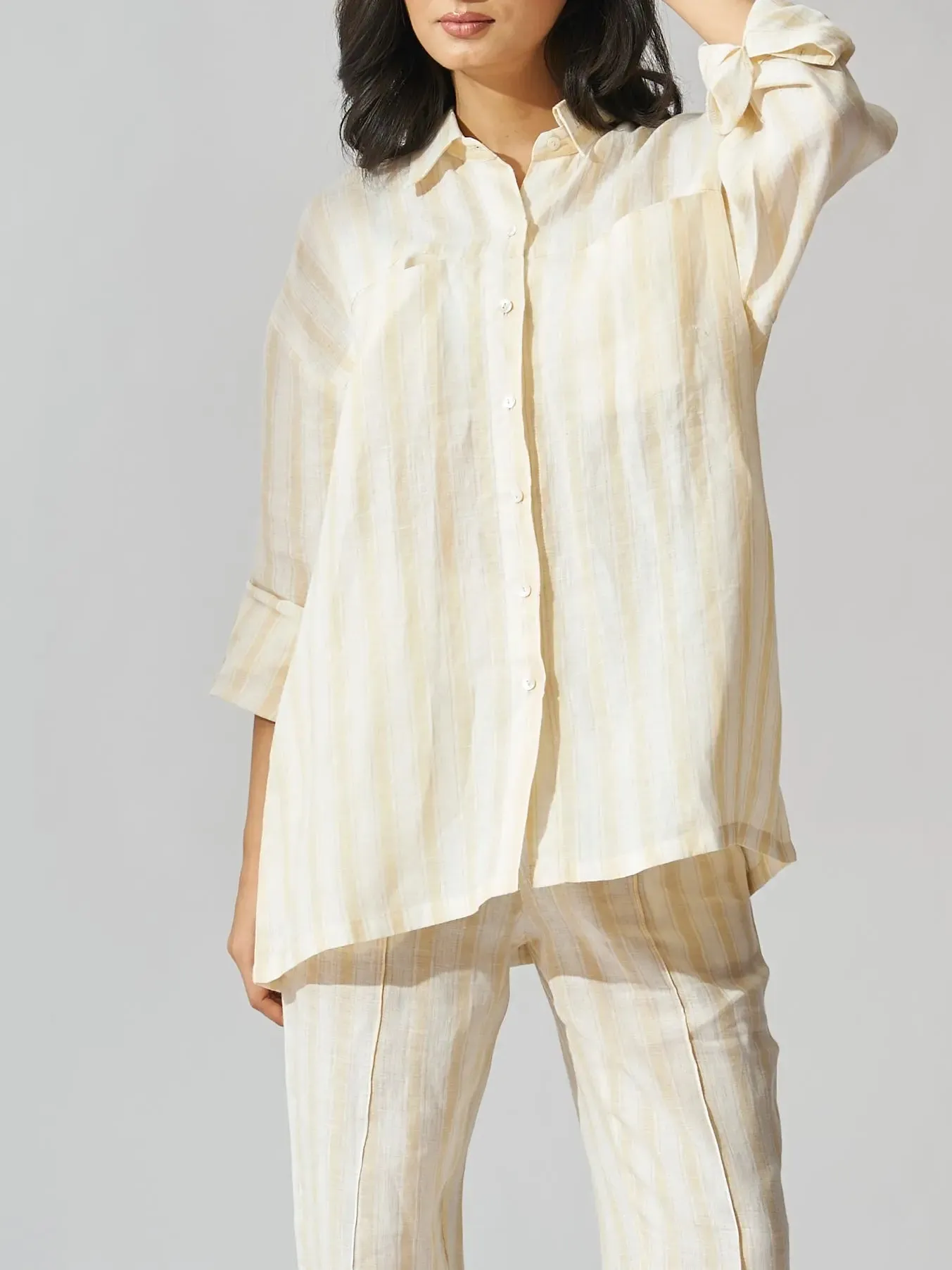 Yellow Striped Drop Shoulder Linen Women Shirt