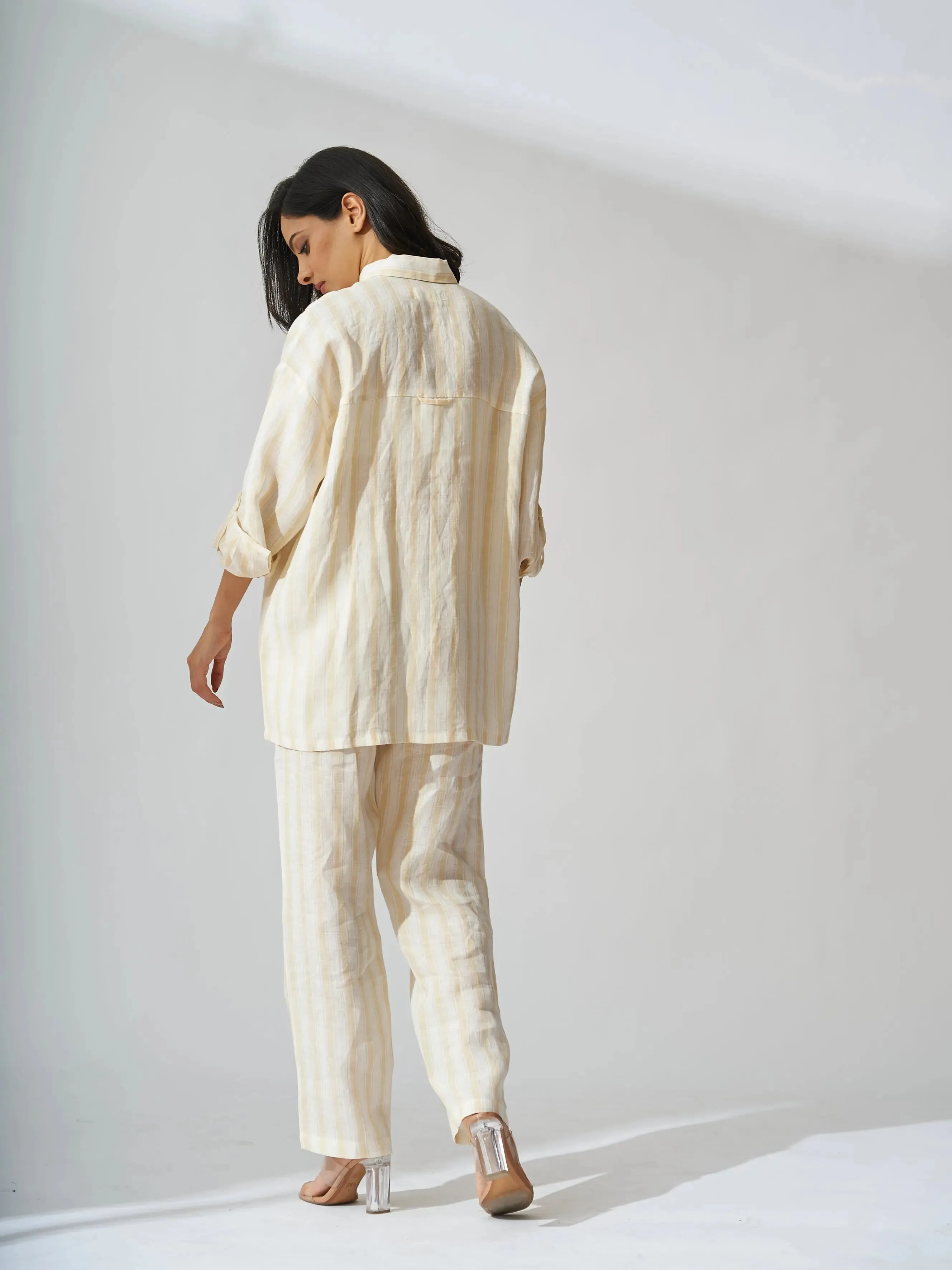 Yellow Striped Drop Shoulder Linen Women Shirt