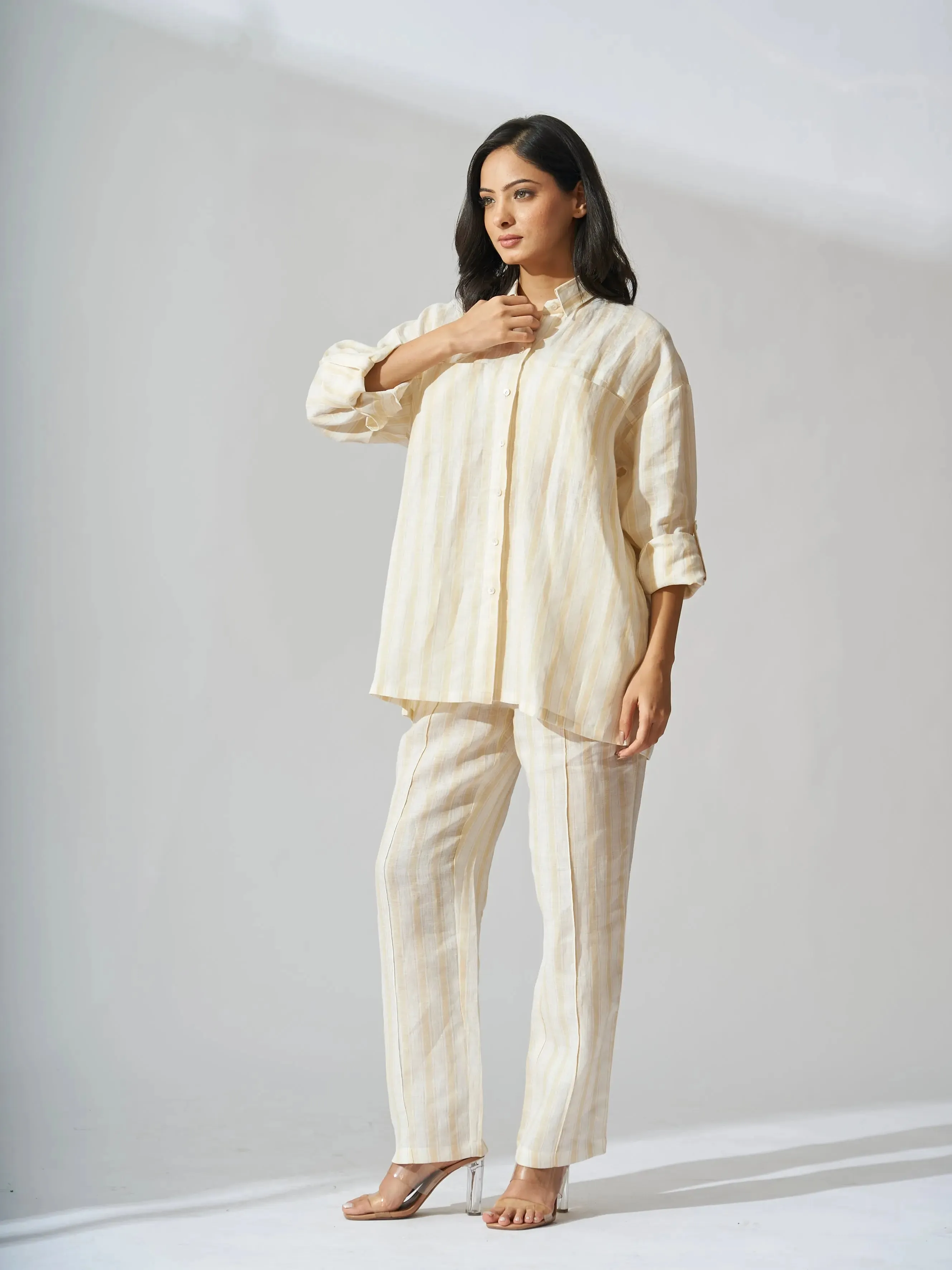 Yellow Striped Drop Shoulder Linen Women Shirt