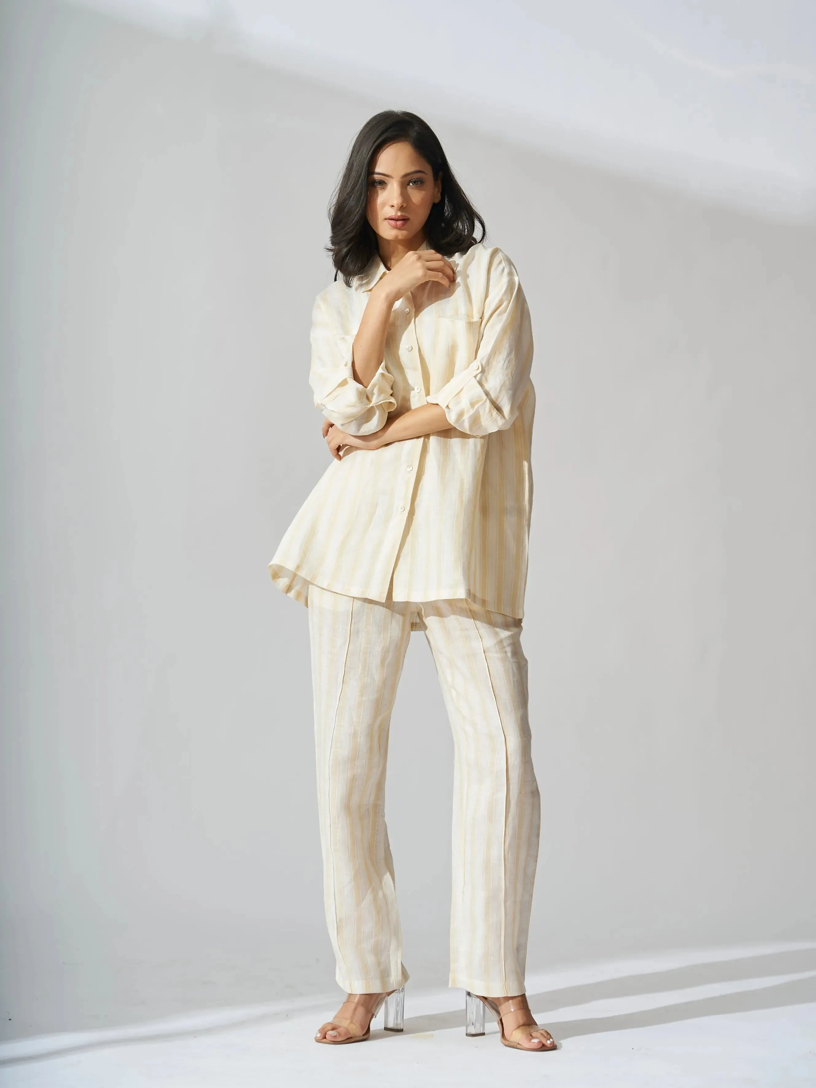 Yellow Striped Drop Shoulder Linen Women Shirt