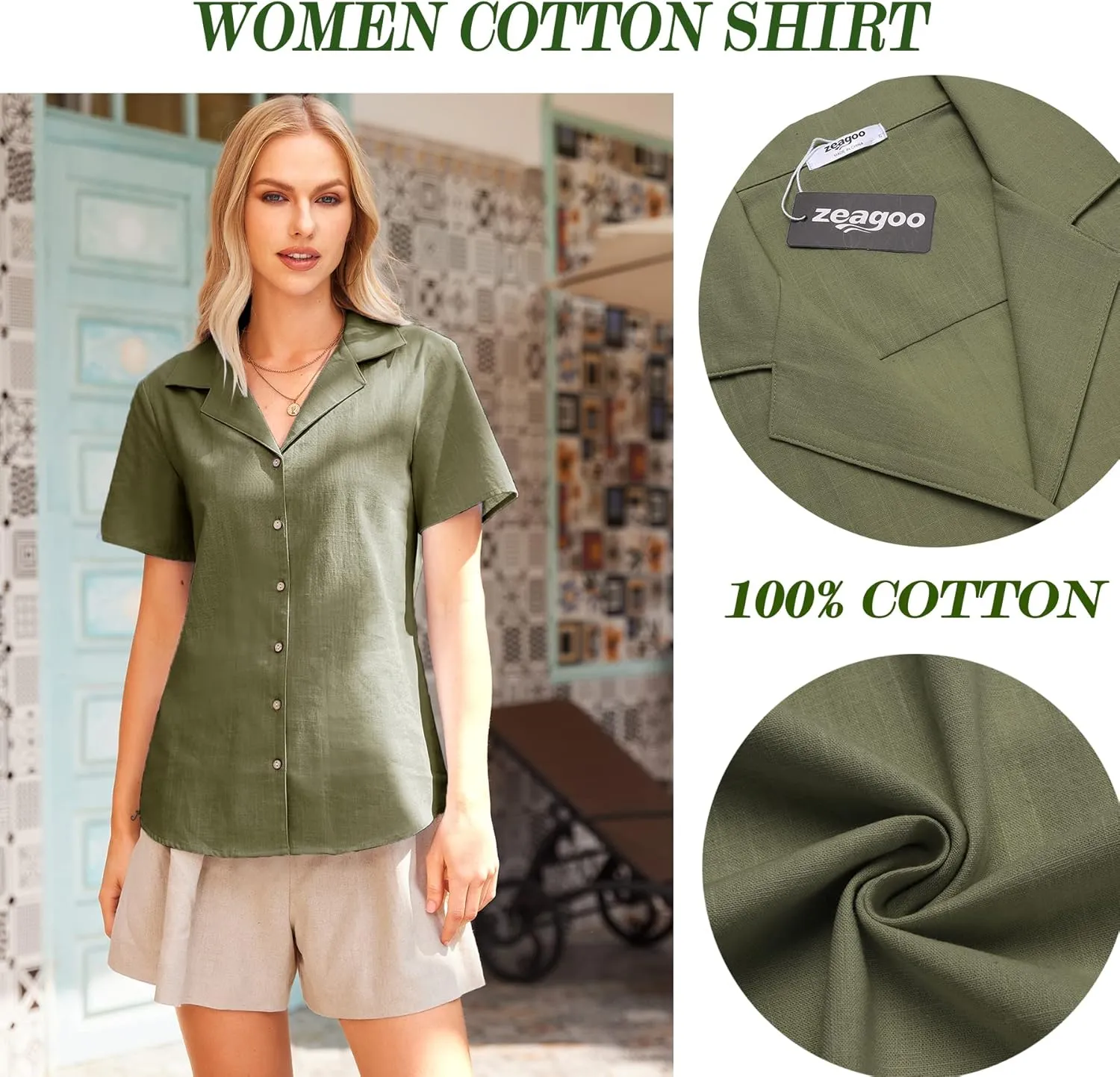 Zeagoo Women Cotton Shirt Button Down Short Sleeve Linen V Neck Blouse Casual Work Tunic