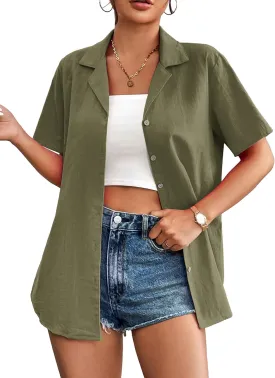Zeagoo Women Cotton Shirt Button Down Short Sleeve Linen V Neck Blouse Casual Work Tunic