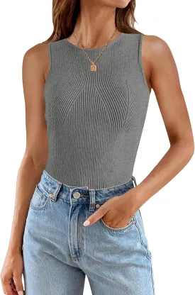 ZESICA Womens 2025 Ribbed Tank Tops Summer Sleeveless High Neck Casual Slim Fitted Basic Knit Shirts