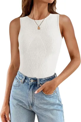 ZESICA Womens 2025 Ribbed Tank Tops Summer Sleeveless High Neck Casual Slim Fitted Basic Knit Shirts
